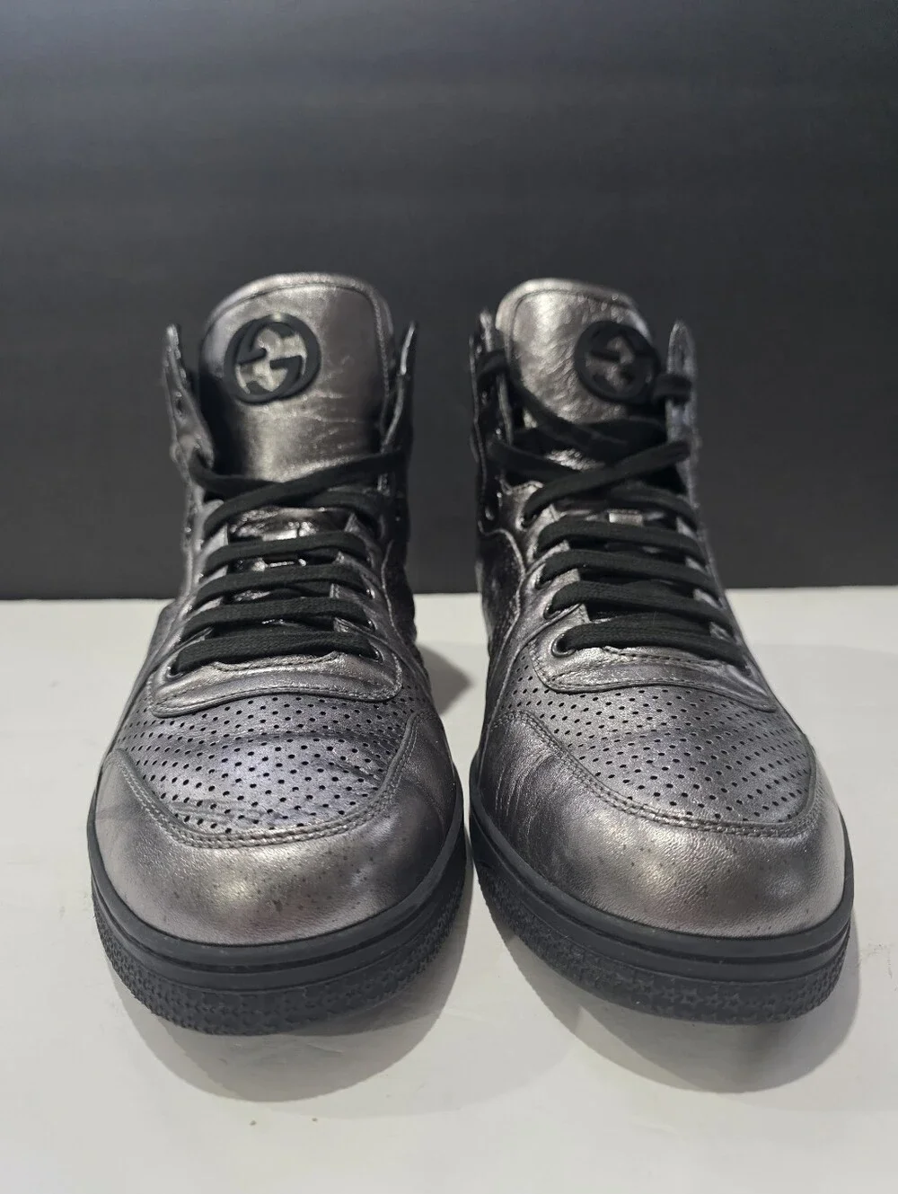 Gucci Men's Anthracite Metallic Perforated Nappa High-Top Sneakers Size 10 G / U